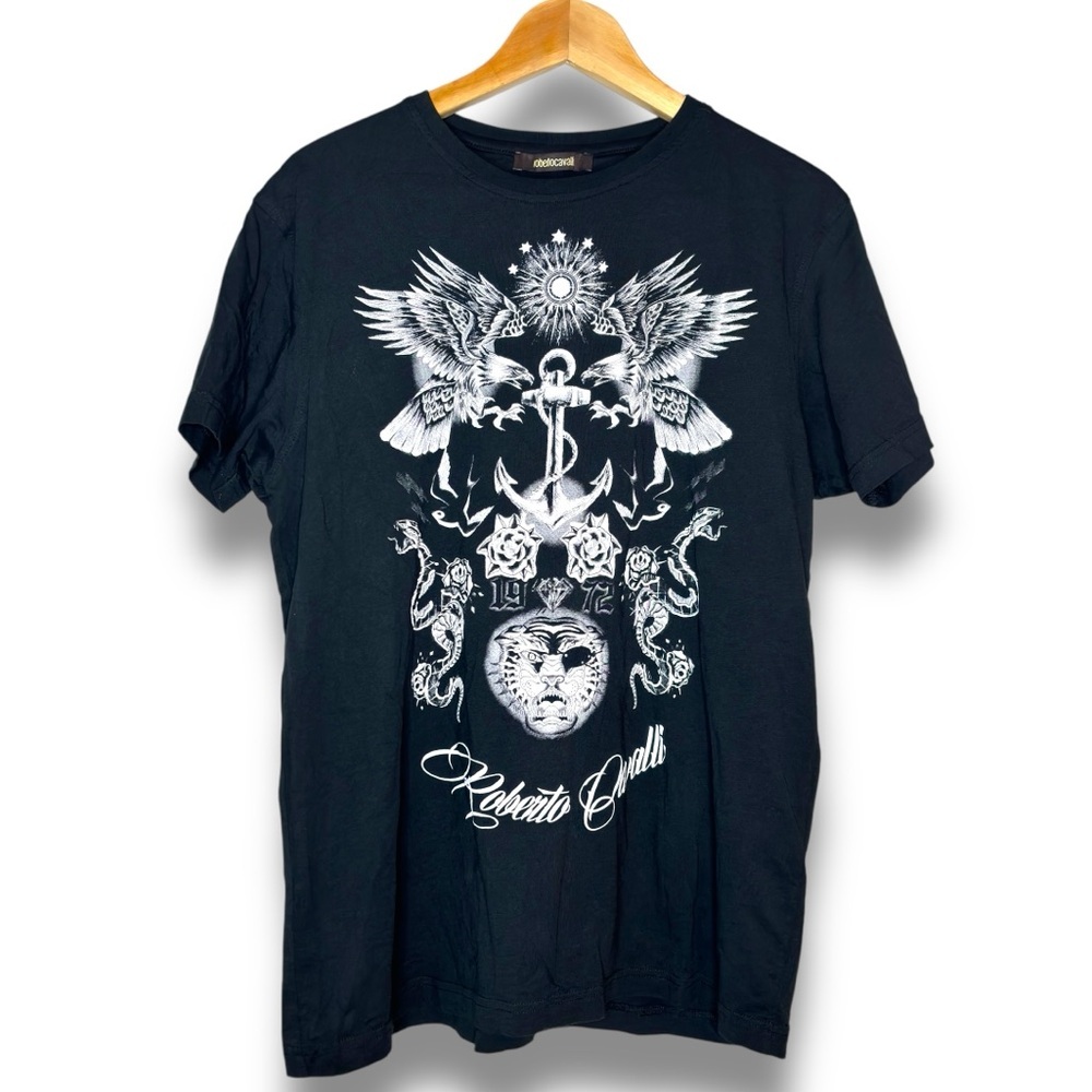 Roberto Cavalli Black White‎ Eagles Anchor Snakes Roses Tiger Head Graphic Tee